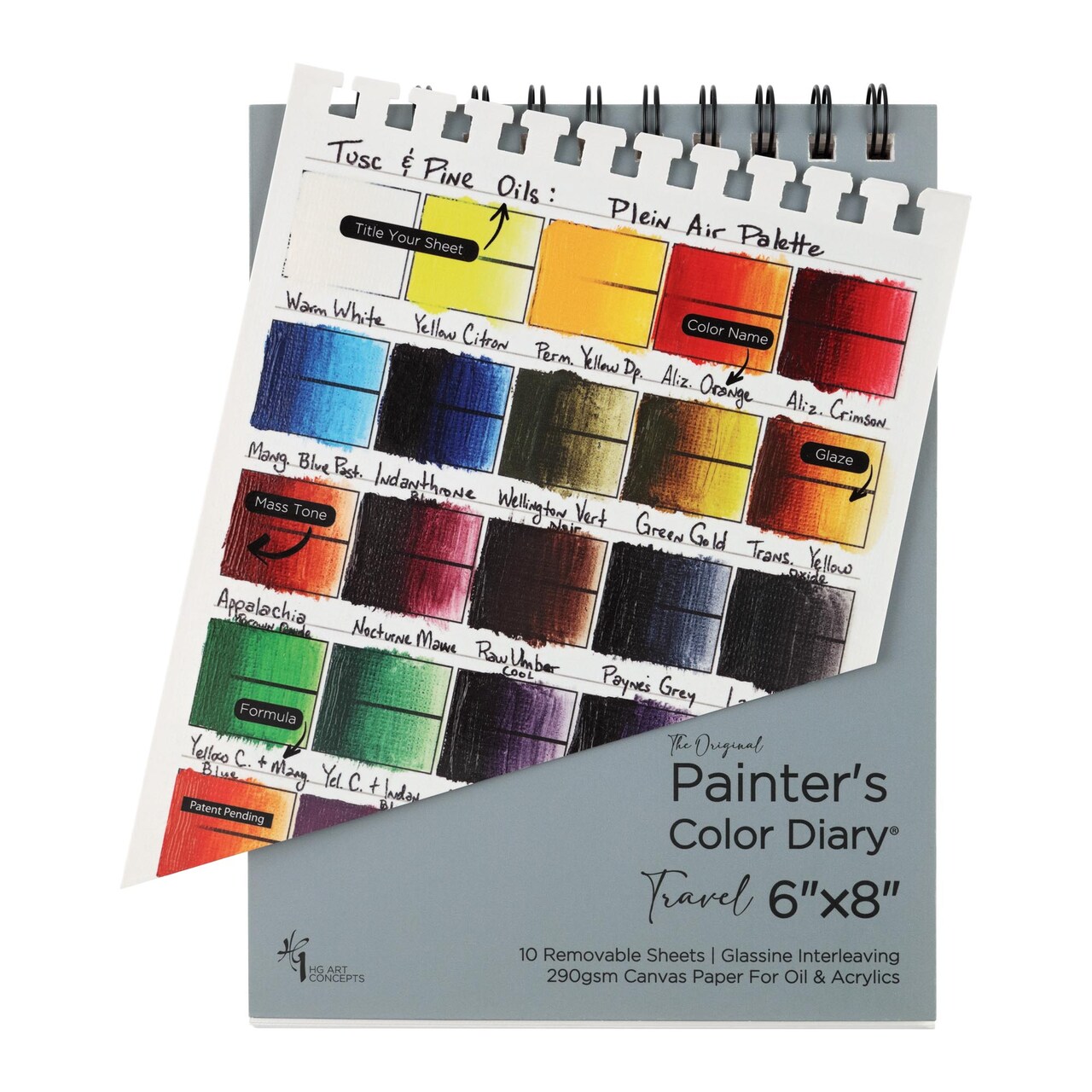 HG Art Concepts Travel Size Painters Color Diary - 6x8" Spiral-Bound Acid-Free Color Swatch Book with 10 Pages for Traveling Artists